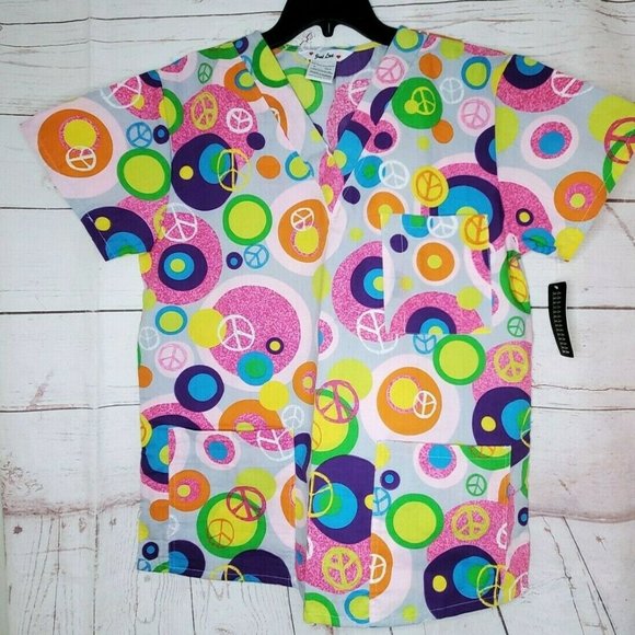 Just Love Medical Scrub Top Medium Pink Multi Colored Peace Signs - Picture 10 of 12